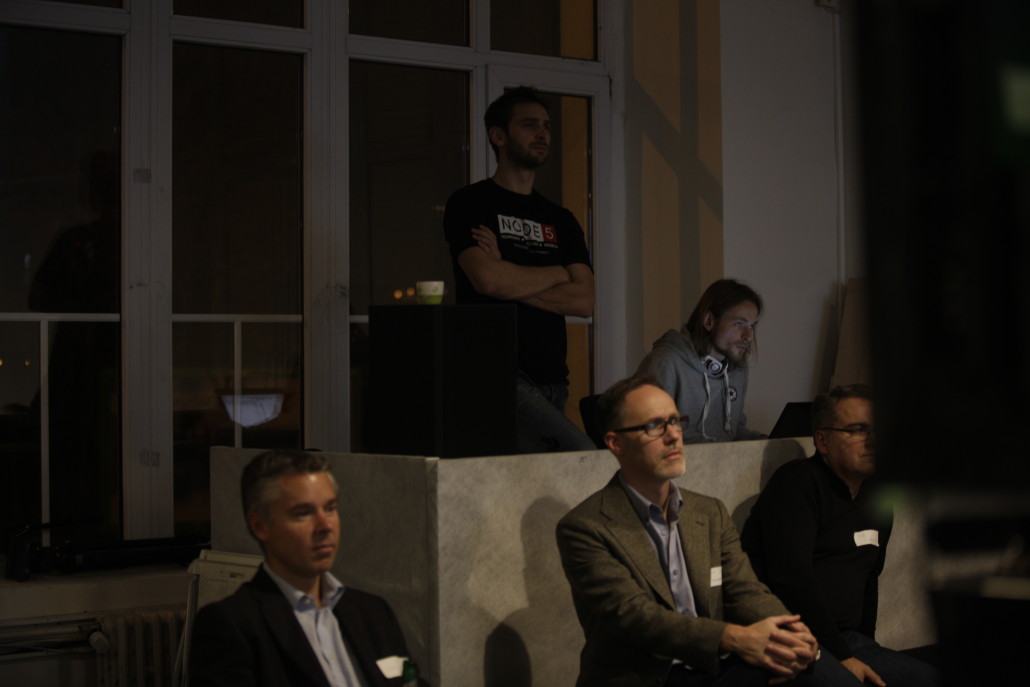 Staehelin listens to pitches at December's StartupYard pitch-off. 