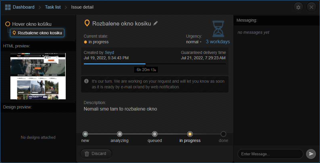 Customer's overview of a submitted task